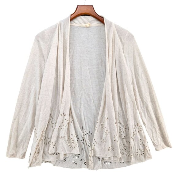 Meadow Rue Anthropologie Open Cardigan Womens Oatmeal Laser Cut Linen Blend Sz S - Picture 1 of 7